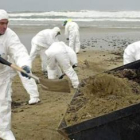 Unos voluntarios limpian una de las playas afectadas por el vertido