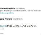 Tweet en el que Egoitz Moreno llama "hijos de puta" al PP de Burjassot.