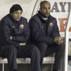 Tito Vilanova y el todavía entrenador del Barcelona, Pep Guardiola, en el partido ante el Rayo.