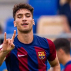 Diego Percan celebra de esta manera el gol con el que el Barça Atlétic venció al CD Teruel por 1-0. PERE PUNTÍ