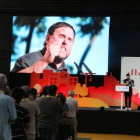 Imagen de Oriol Junqueras en una pantalla durante la conferencia nacional de ERC, este sábado.