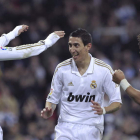 Ángel di María celebra su gol, tercero del equipo, junto a Cristiano Ronaldo y Marcelo.