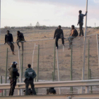 Varios inmigrantes tratan de saltar la valla melillense.