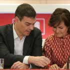 Pedro Sánchez y Carmen Calvo, el pasado 12 de enero en la sede del PSOE.
