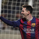 El gran protagonista de la noche, Leo Messi, celebra uno de los tres tantos que marcó.