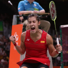 Carolina Marín celebra su pase a la final de los Juegos Olímpicos tras derrotar a Li Xuerui. BIBA