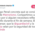 El polémico tuit del ministerio de Interior sobre qué se considera delito de terrorismo según el Código Penal.