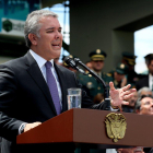 El presidente de Colombia  Ivan Duque  da un discurso en la ceremonia de presentacion de la nueva cupula militar en Bogota