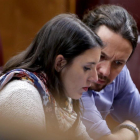 La portavoz parlamentaria en el Congreso, Irene Montero, y el secretario general, Pablo Iglesias, el pasado 21 de mayo, en el Congreso.