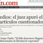 La web del diario Clarín, este sábado.