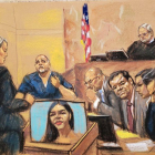 Reproduccion fotografica de un dibujo realizado por la artista Jane Rosenberg donde aparece la asistente del Fiscal de Estados Unidos  Gina Parlovecchio  mientras hace preguntas al testigo de la Fiscalia  el colombiano Alex Cifuentes.