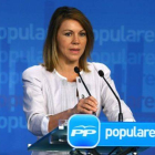 La secretaria general del PP, Dolores de Cospedal, el pasado 16 de julio, en una rueda de prensa en la sede del PP de Madrid.