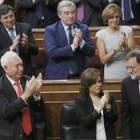 El líder del PP y presidente del Gobierno en funciones, Mariano Rajoy  es aplaudido por los diputados de su partido tras su intervencion, en el debate de su investidura