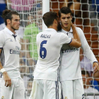 Álvaro Morata celebra su gol, el tercer tanto del equipo blanco ante al Stade de Reims. J. P. GANDUL