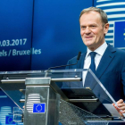 El presidente del CE, Donald Tusk, durante la rueda de prensa que ofreció ayer. STEPHANIE LECOCQ