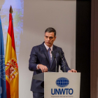 El presidente del Gobierno, Pedro Sánchez, en su intervención en el Foro de la Organización Mundial del Turismo Enfrentando el reto demográfico a través del turismo y la innovación