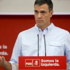Pedro Sánchez durante su rueda de prensa en la sede del PSOE en Madrid, en la calle Ferraz.