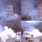 Secuencia de la voladura de la torre riañesa. La iglesia, construida en el siglo XVIII, había sido c
