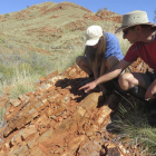 El profesor Martin Van Kranendonk (d) y Tara Djokic (i) estudian rocas en la Formación Dresser en la remota región de Pilbara (Australia).