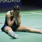 La española Carolina Marín tras conquistar este sábado en Madrid su sexto Europeo consecutivo de bádminton. RODRIGO JIMÉNEZ