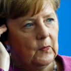 La cancillera alemana Angela Merkel en una rueda de prensa hoy jueves en Berlín.