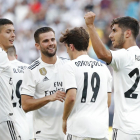 Asensio celebra un gol junto a sus compañeros en el Real Madrid-Juventus