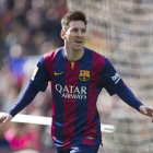 Messi, que ayer superó a Zarra en hat-tricks, celebra uno de sus tres goles ante el Rayo