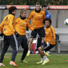 Pepe, Coentrao, Bale y Marcelo, durante el entrenamiento.