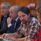 El secretario general de Podemos, Pablo Iglesias, en la comisión sobre financiación en el Senado.