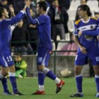 Nicolás Fedor Miku celebra con sus compañeros uno de los goles del Getafe de esta temporada.