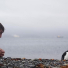 Javier Bardem, saludando a unos pingüinos en la Antártida.