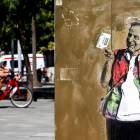 Mural pintado por el artista urbano TV Boy en la Barceloneta. En la foto pequerña, Juan Carlos I saluda a Corinna Larsen. QUIQUE GARCÍA