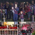 La celebración del Barcelona, arriba, y la del Sevilla, en las dos imágenes de abajo. RAÚL CARO