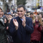 El candidato socialista, Pedro Sánchez, durante el acto de campaña que ha tenido este viernes en Vitoria.