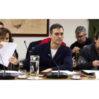 Carmen Calvo, Pedro Sánchez y Pablo Iglesias en la reunión del Gobiermo el sábado en la finca estatal de  Quintos de Mora.
