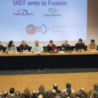 Momento de la asamblea de afiliados de la UGT que analizó el proceso de fusión de Caja España y Caja