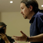 Pablo Iglesias durante la rueda de prensa tras su encuentro con Pedro Sánchez.