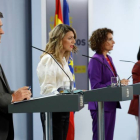 La ministra de Trabajo, Yolanda Díaz, durante su intervención en la rueda de prensa posterior a la reunión semanal del Consejo de ministros. J.J.GUILLÉN