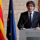 El president Carles Puigdemont, durante su comparecencia en el Palau de la Generalitat.