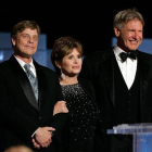 Mark Hamill, Carrie Fisher y Harrison Ford, durante una gala en homenaje a George Lucas, en el 2005.