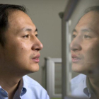 El doctor He Jiankui, reflejado en un panel mientras trabaja con el ordenador.