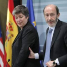 Rubalcaba y Janet Napolitano, tras su reunión de ayer en Madrid .