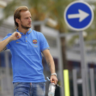 Rakitic, antes de la rueda de prensa que ofreció ayer tras el entrenamiento en la Ciudad Deportiva.