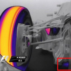 El monoplaza de Webber, grabado con una cámara de infrarrojos que revela el sobrecalentamiento de la bandeja de té (recuadrada en rojo).