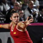 Sara Sorribes, este sábado, durante su partido frente a la francesa Pauline en la confrontación de repesca al Grupo Mundial de la Copa Federación que se disputa en Roanne