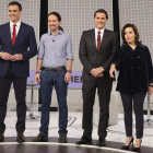 Pedro Sánchez, Pablo Iglesias, Albert Rivera y Soraya Sáenz de Santamaría, antes del debate televisivo.