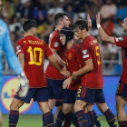Las felicitaciones de los jugadores españoles por marcar se elevaron en esta ocasión hasta en siete veces frente a Georgia. MDZINARISHVILI