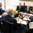 Obama, Hillary Clinton y James Jones junto al Rey Juan Carlos, Miguel Ángel Moratinos y Alberto Aza,