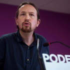 El secretario general de Podemos, Pablo Iglesias, en una rueda de prensa valorando los resultados del 26-M.