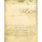 Imagen del Manuscrito B, tal y como lo escribió Da Vinci, con las letras al revés, y el documento proyectado en el espejo.